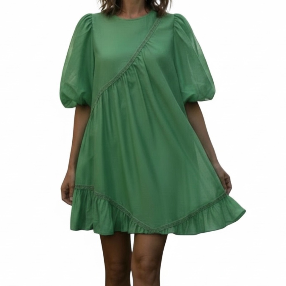 # A058  Nancy New York  Puff Sleeve Tiered Mini Dress  Green   Small  NWT